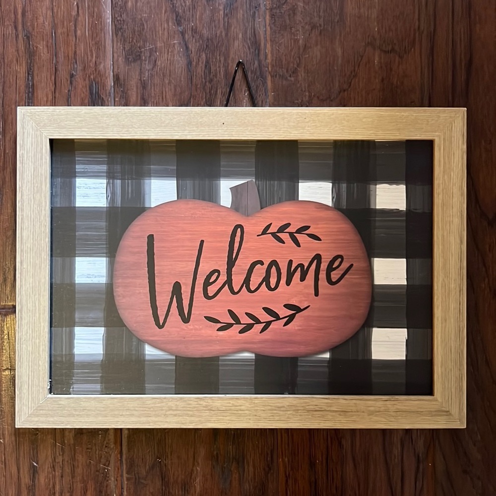Welcome sign black white plaid pumpkin fall Halloween hanging home decor holiday